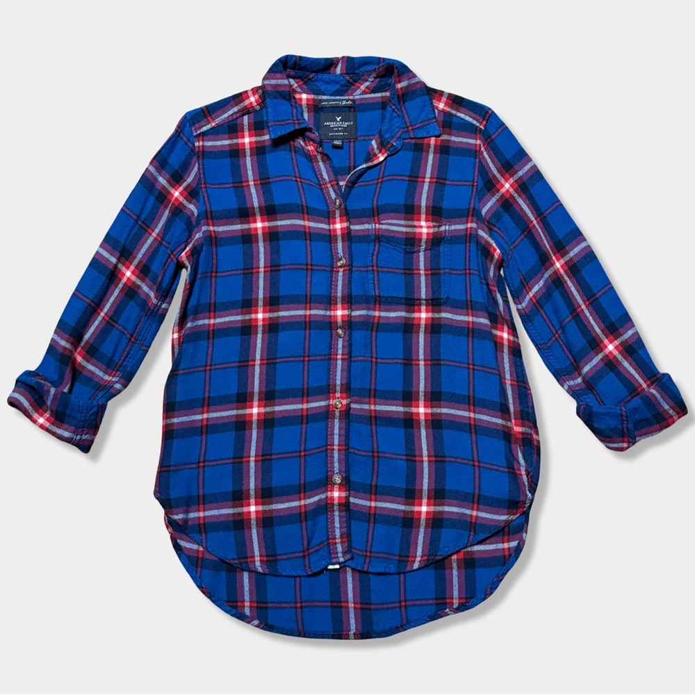 American Eagle Blue & Red Plaid Ahh-mazingly Soft Boyfriend Fit Flannel Shirt S